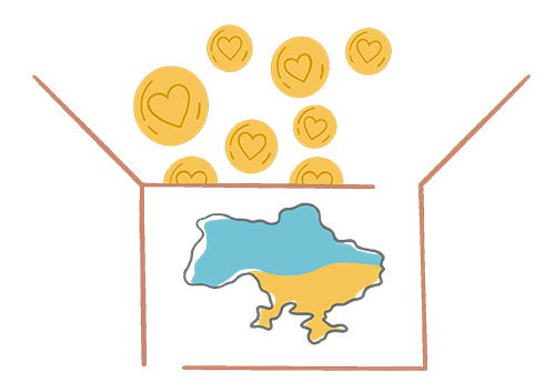 Animation. Coins falling in box. Represents donation for Ukraine.